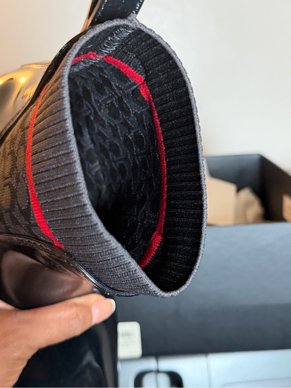 Coach Black Patent Ankle Rain Boots with Signature Knit Panel and Red Trim - Picture 6 of 7